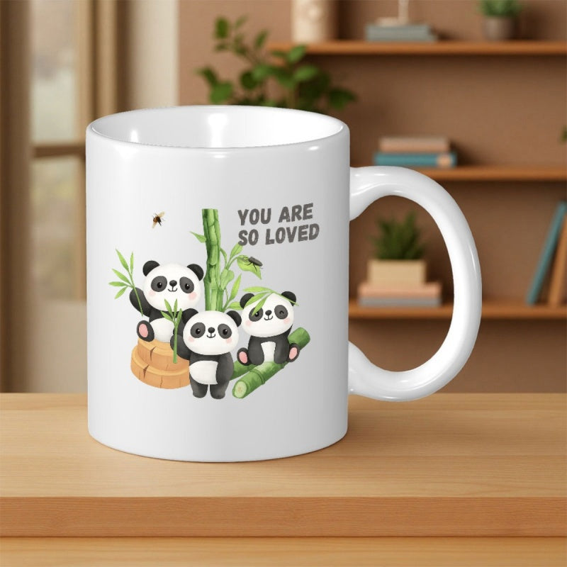 Tailorly White Ceramic 11 oz Mug - You Are So Loved Three Adorable Cartoon Pandas Playing Among Green Bamboo Stalks And Leaves Panda