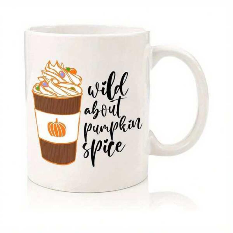 Tailorly White Ceramic 11 oz Mug - Wild About Pumpkin Spice Delicious Creamy Beverage Featuring Hand Drawn Seasonal Autumn Pumpkin Latte
