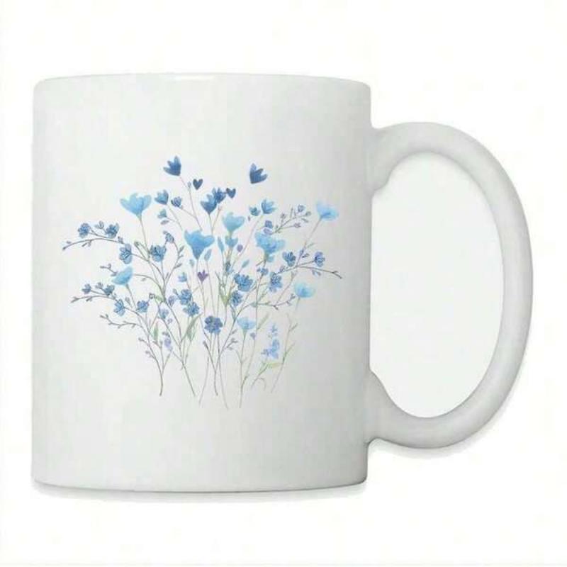 Tailorly White Ceramic 11 oz Mug - Delicate Wildflowers Blooming In Soft Blue Shades Among Fine Tender Stems Flower