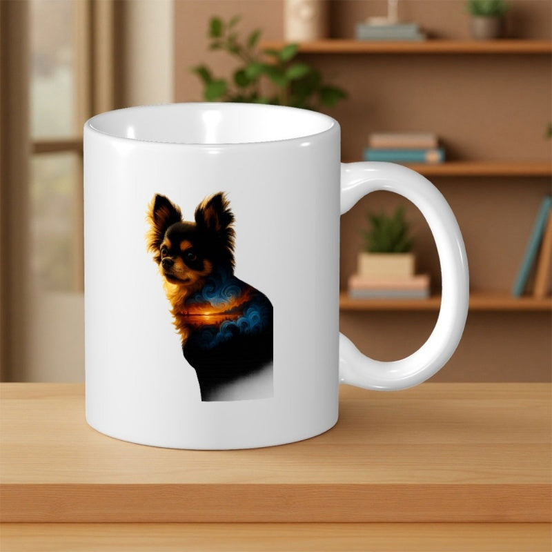 Tailorly White Ceramic 11 oz Mug - Silhouette With Celestial Galaxy Night Sky Glowing Under Warm Soft Sunset Dog