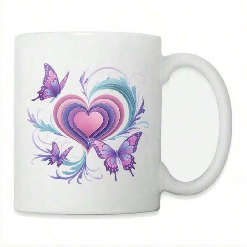 Tailorly White Ceramic 11 oz Mug - Vibrant Purple Butterflies Fluttering Around A Layered Decorative Artistic Floral Swirl Heart