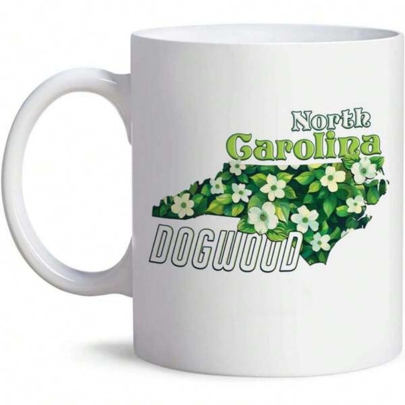 Tailorly White Ceramic 11 oz Mug - North Carolina Dogwood State Silhouette Filled With Green Leaves And White Blooming Floral Garden Map