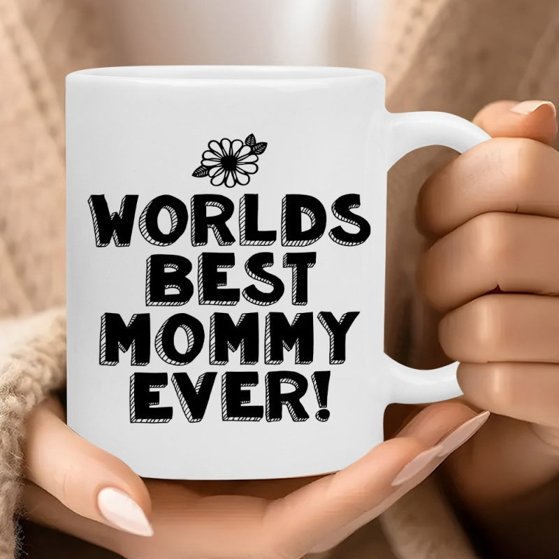 Tailorly White Ceramic 11 oz Mug - Worlds Best Mommy Ever Simple White Daisy Featuring A Tiny Butterfly Above Bold Hand Drawn Text Mug