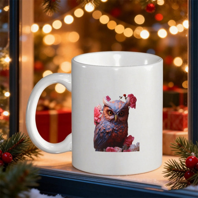 Tailorly White Ceramic 11 oz Mug - Elegant Hand Painted Owl Nestled Within Vibrant Pink Floral Garden Accents Owl