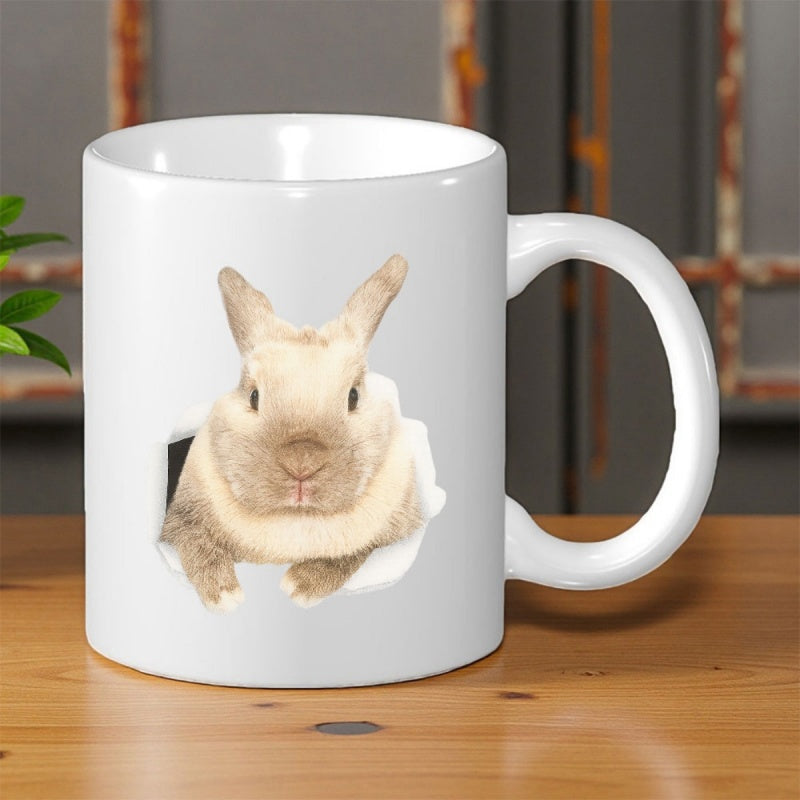 Tailorly White Ceramic 11 oz Mug - Cute Small Fluffy Bunny Peeking Through A Realistic White Paper Hole Rabbit