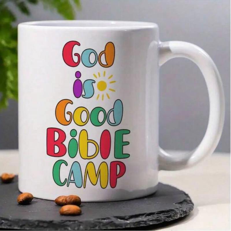 Tailorly White Ceramic 11 oz Mug - God Is Good Bible Camp Vibrant Colorful Bubble Letters With Radiant Yellow Smiling Sun Mug