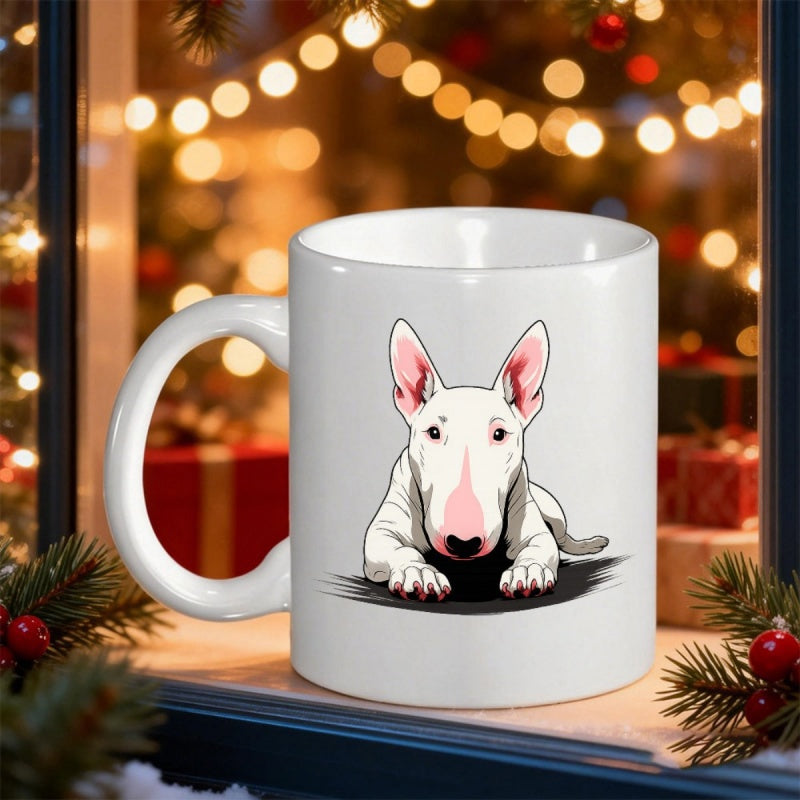 Tailorly White Ceramic 11 oz Mug - Charming Hand Drawn Illustration Of A Sitting White Dog Bull Terrier