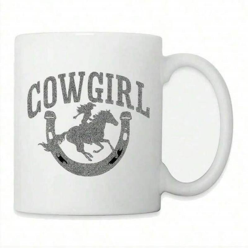Tailorly White Ceramic 11 oz Mug - Cowgirl Vintage Distressed Silhouette Of A Horse Jumping Inside A Classic Horseshoe Horse