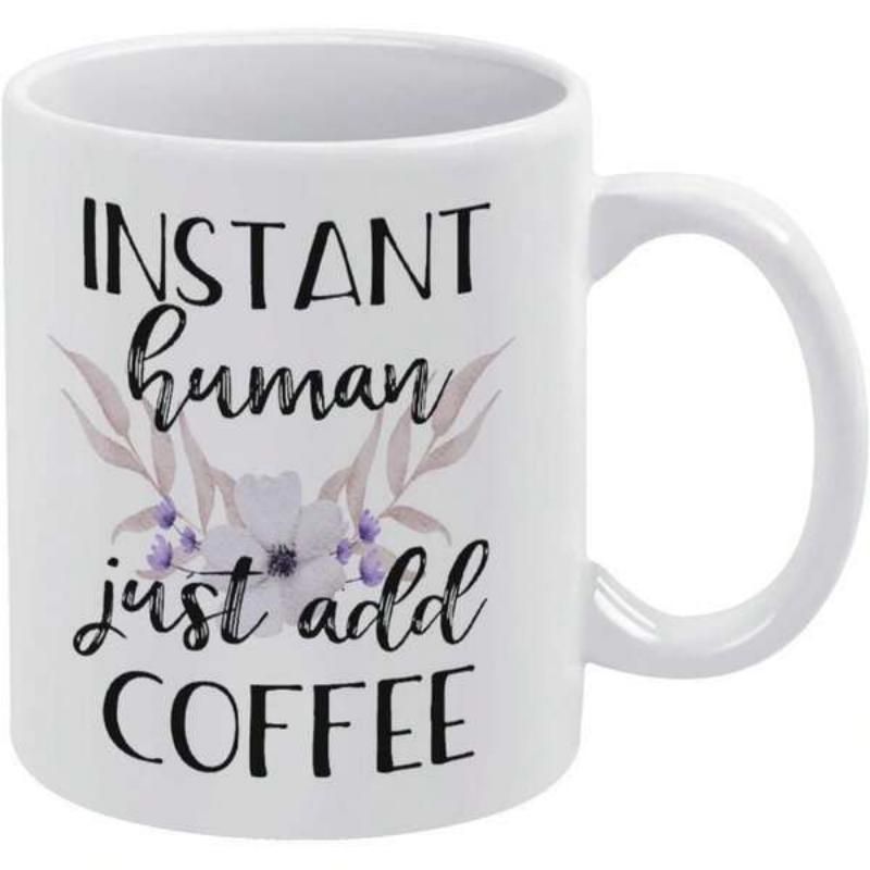Tailorly White Ceramic 11 oz Mug - Instant Human Just Add Coffee Delicate Purple Floral Blossoms Arranged Among Soft Botanical Leaves Flower