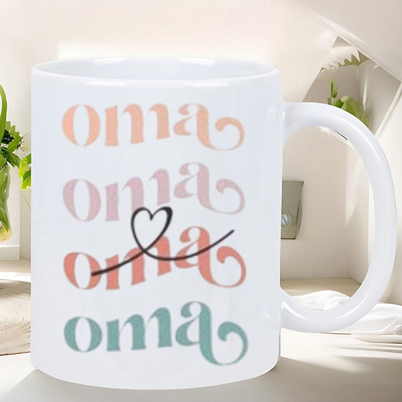 Tailorly White Ceramic 11 oz Mug - Oma Retro Wavy Stacked Typography With Delicate Minimalist Line Art Heart Mug