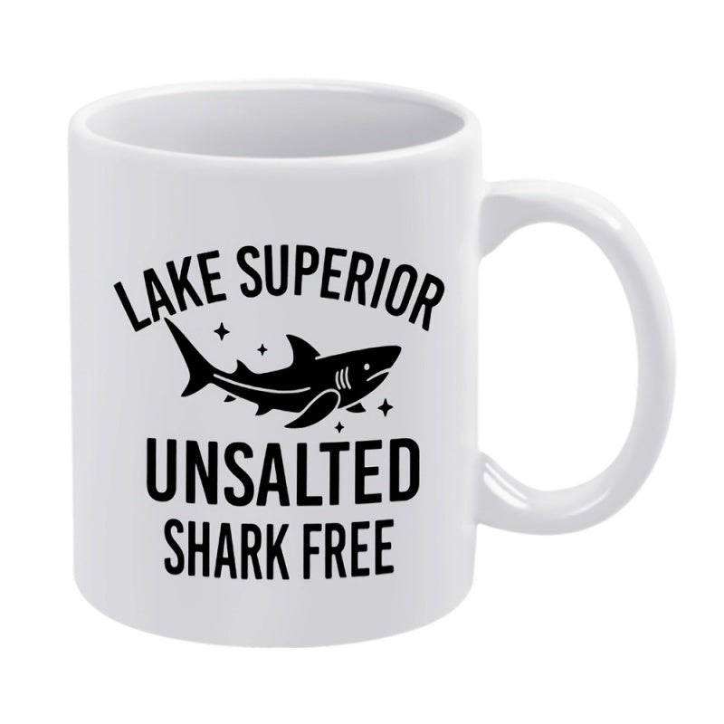 Tailorly White Ceramic 11 oz Mug - Lake Superior Unsalted Shark Free Bold Silhouette Of A Shark Swimming Among Tiny Twinkling Sparkle Stars Shark