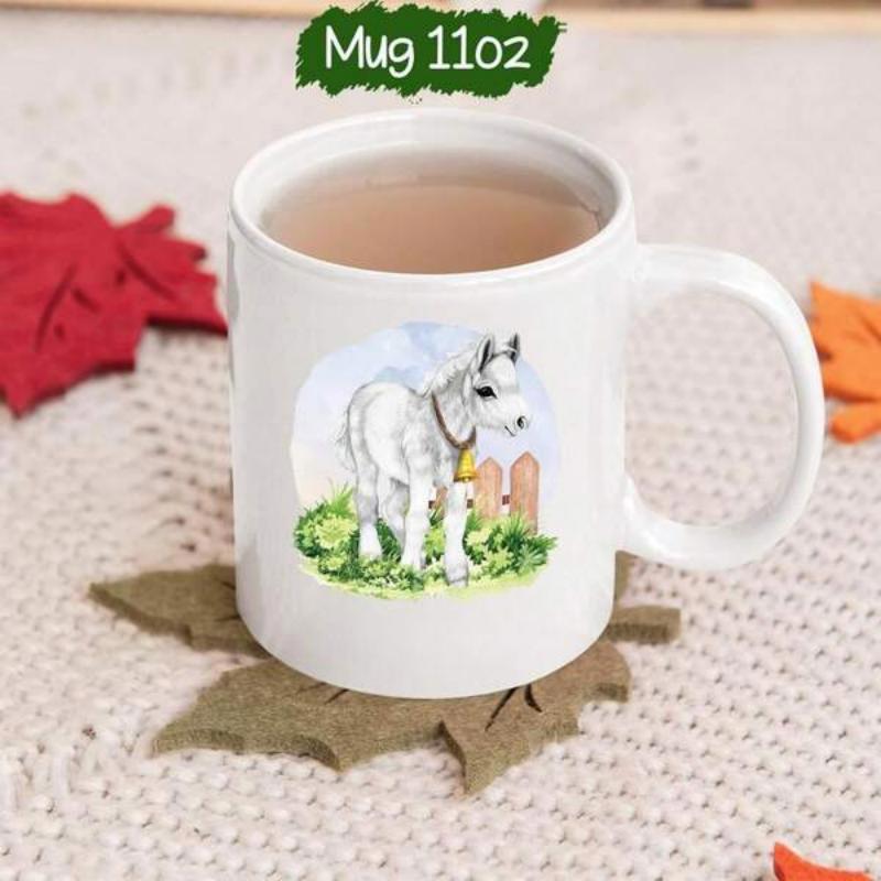 Tailorly White Ceramic 11 oz Mug - Delicate Watercolor White Donkey Standing In Green Meadow By Wooden Fence Donkey