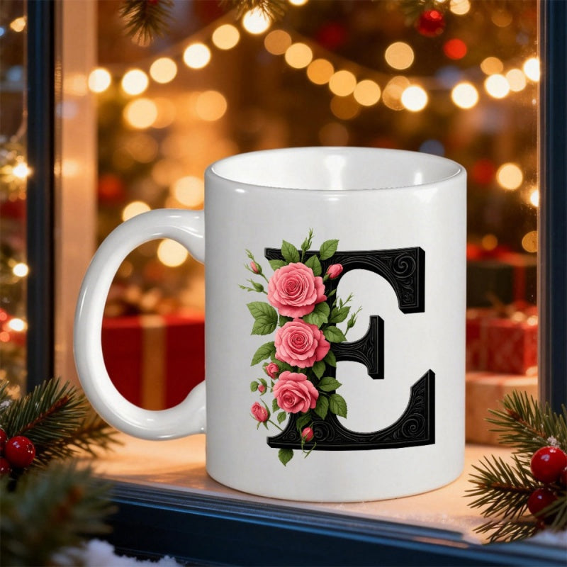 Tailorly White Ceramic 11 oz Mug - E Elegant Black Initial Surrounded By Beautiful Blooming Pink Roses Letter