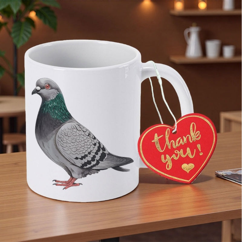Tailorly White Ceramic 11 oz Mug - Thank You Realistic Gray Pigeon With Iridescent Neck Standing On A White Surface Pigeon
