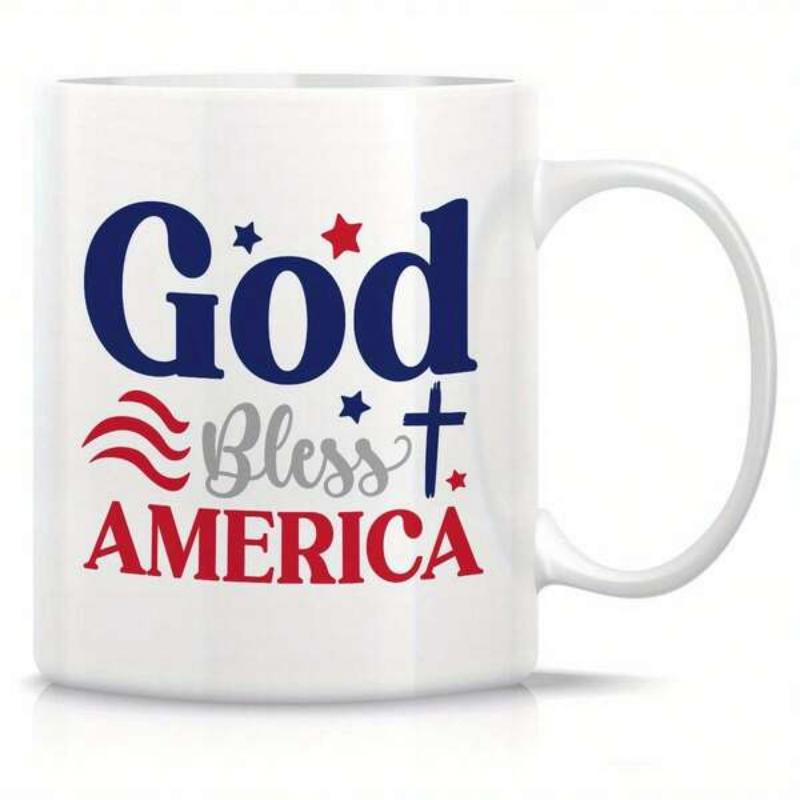 Tailorly White Ceramic 11 oz Mug - God Bless America Patriotic Slogan With Symbolic Stars Stripes And A Christian Cross Mug
