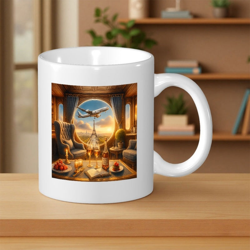Tailorly White Ceramic 11 oz Mug - Elegant Luxury Interior View Of Airplane Flying Over Sunset Eiffel Tower