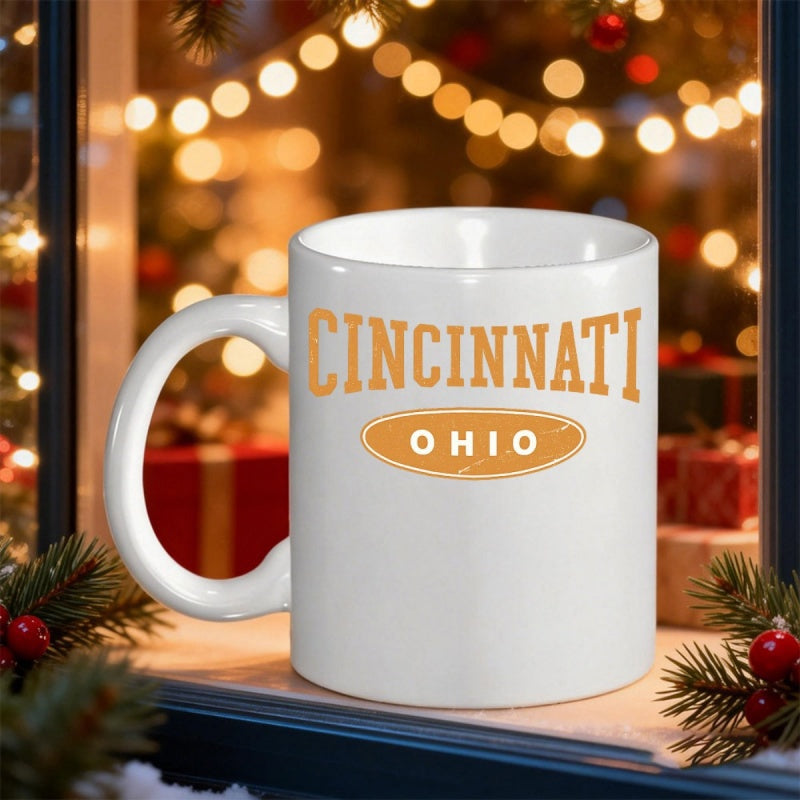 Tailorly White Ceramic 11 oz Mug - Cincinnati Ohio Classic Vintage Collegiate Style Text Over Oval Frame Ceramic Mug