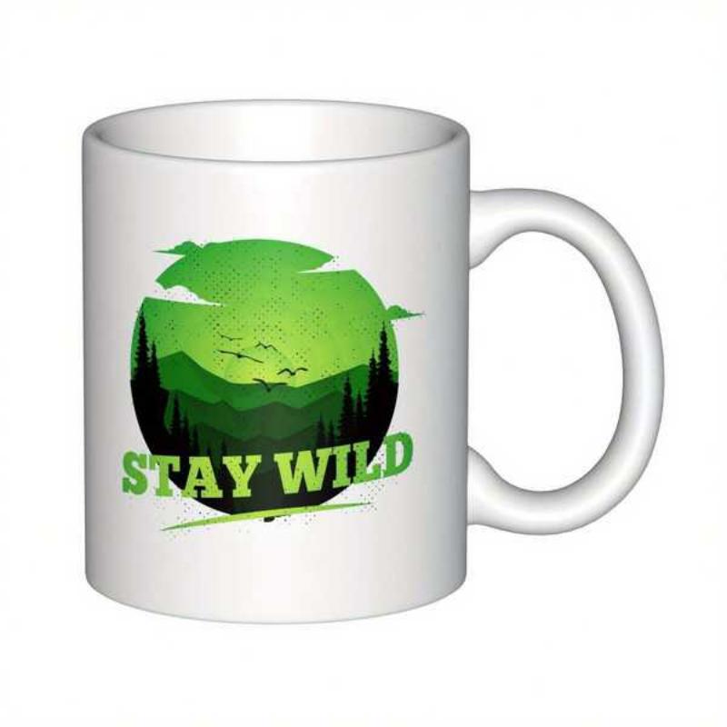 Tailorly White Ceramic 11 oz Mug - Stay Wild Green Mountain Wilderness With Forest And Birds Flying In Circle Landscape