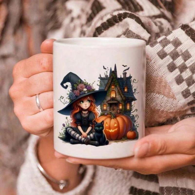 Tailorly White Ceramic 11 oz Mug - Little Red Haired Girl Sitting Beside A Glowing Halloween Pumpkin Witch