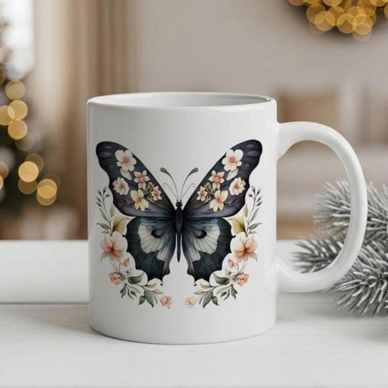 Tailorly White Ceramic 11 oz Mug - Graceful Artistic Wings With Floral Patterns And Blooming Garden Wreath Butterfly