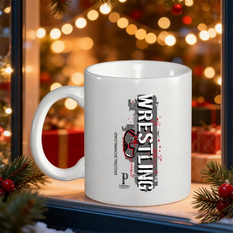 Tailorly White Ceramic 11 oz Mug - Wrestling Digital Download Vertical Bold Text Featuring Artistic Distressed Brushstrokes And Athletic Helmet