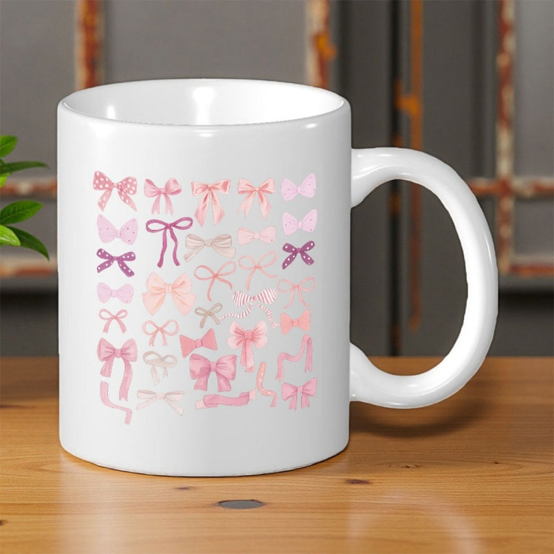 Tailorly White Ceramic 11 oz Mug - Collection Of Various Pink And Purple Hand Drawn Artistic Decorative Ribbon Bow