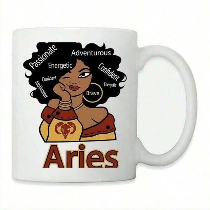 Tailorly White Ceramic 11 oz Mug - Aries Passionate Energetic Adventurous Confident Brave Elegant Artistic Black Woman With Afro Hair Featuring Bold Ram Symbol