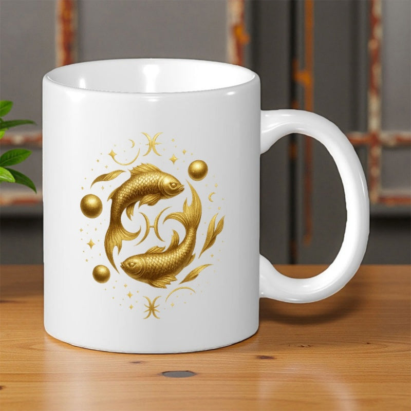 Tailorly White Ceramic 11 oz Mug - Golden Zodiac Fish Swimming Among Ethereal Stars And Metallic Bubbles Pisces