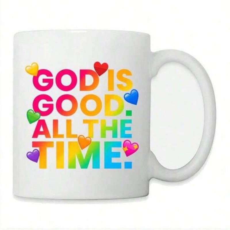 Tailorly White Ceramic 11 oz Mug - God Is Good All The Time Vibrant Rainbow Colors With Decorative Hearts Floating Around The Text Mug