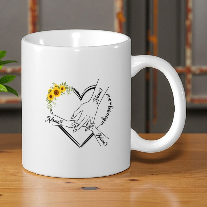 Tailorly White Ceramic 11 oz Mug - Name1 Name2 Name3 Name4 Family Hands Stacked Within An Outline Decorated With Sunflowers Heart