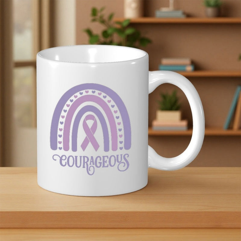 Tailorly White Ceramic 11 oz Mug - Courageous Stylized Purple Arches With Heart Details And Central Awareness Ribbon Rainbow