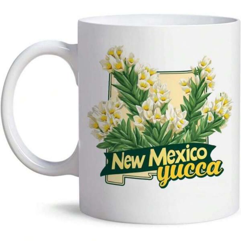 Tailorly White Ceramic 11 oz Mug - New Mexico Yucca Blooming Yucca Flowers With Sharp Green Leaves Against Pale Background Flower