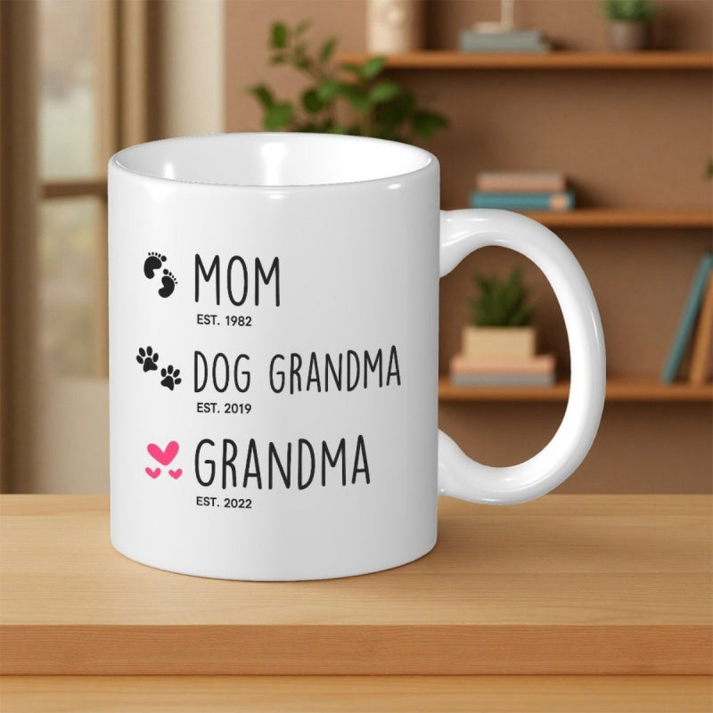Tailorly White Ceramic 11 oz Mug - Mom Dog Grandma Est 1982 2019 2022 Minimalist Symbols Of Family Love And Pets On A Ceramic Mug