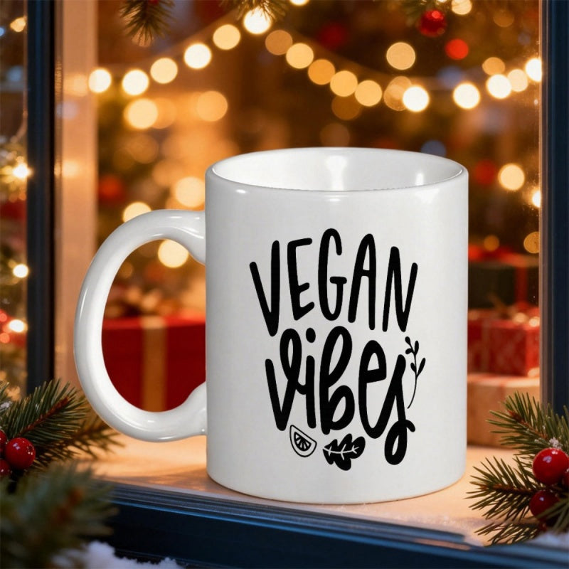 Tailorly White Ceramic 11 oz Mug - Vegan Vibes Minimalist Artistic Leaves With Delicate Organic Details And Modern Script Sign