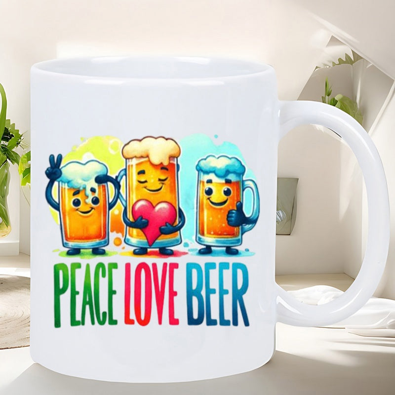 Tailorly White Ceramic 11 oz Mug - Peace Love Beer Three Smiling Cartoon Mugs With Foam Hair And Heart Beer Mug