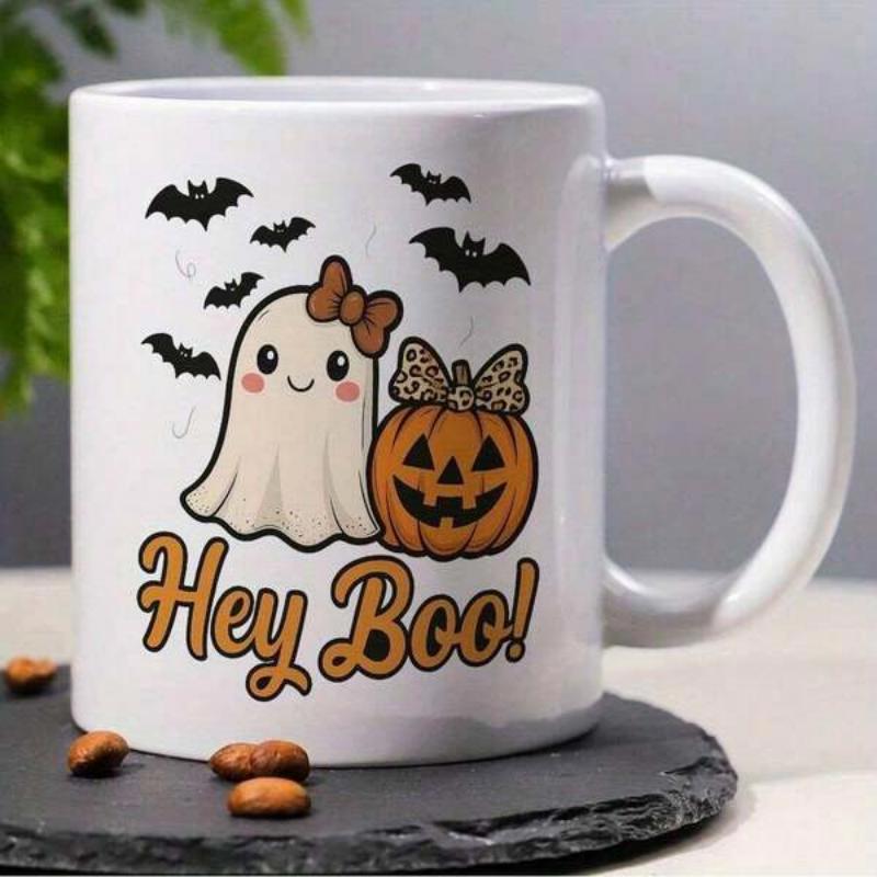 Tailorly White Ceramic 11 oz Mug - Hey Boo Cute Ghost Wearing Bow Beside Smiling Pumpkin Under Small Flying Ghost