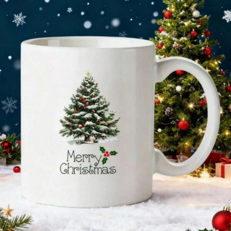 Tailorly White Ceramic 11 oz Mug - Merry Christmas Elegant Pine With Shimmering Snow And Festive Decorative Holly Leaves Tree