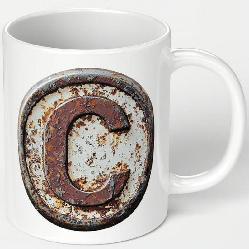 Tailorly White Ceramic 11 oz Mug - C Industrial Rusted Vintage Metal Circle With Weathered Distressed Texture Letter