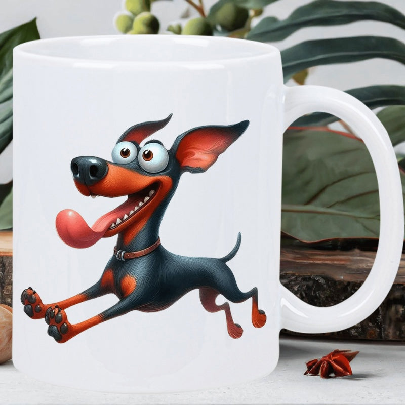 Tailorly White Ceramic 11 oz Mug - Energetic Cartoon Doberman Jumping Happily With Its Tongue Out Playful Dog