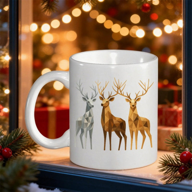 Tailorly White Ceramic 11 oz Mug - Three Geometric Low Poly Stags Standing With Antlers In Earthy Tones Deer