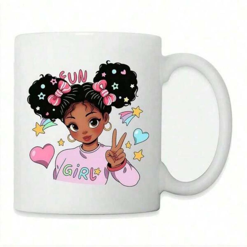 Tailorly White Ceramic 11 oz Mug - Fun Girl Adorable Cartoon Character With Afro Puffs And Pink Bows Girl