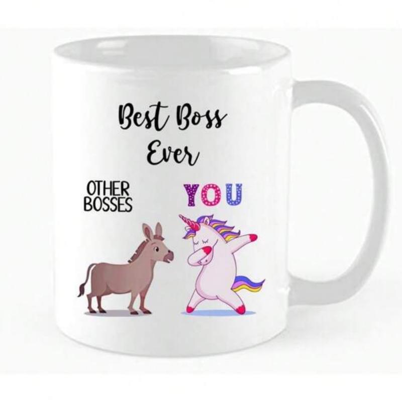 Tailorly White Ceramic 11 oz Mug - Best Boss Ever Other Bosses You Playful Dabbing Unicorn Standing Beside A Modest Little Donkey Unicorn