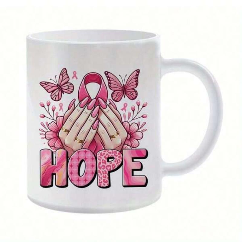 Tailorly White Ceramic 11 oz Mug - Hope Elegant Pink Butterflies With Delicate Flowers And Caring Hands Holding A Ribbon