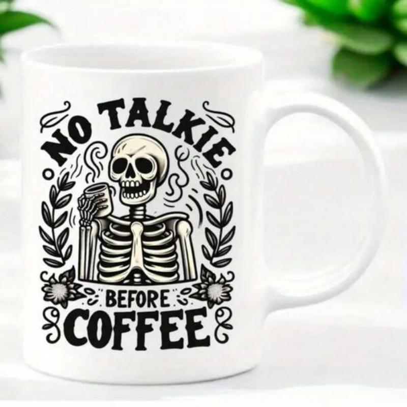 Tailorly White Ceramic 11 oz Mug - No Talkie Before Coffee Skeleton Holding A Steaming Cup Surrounded By Decorative Floral Leaf Branches Skeleton