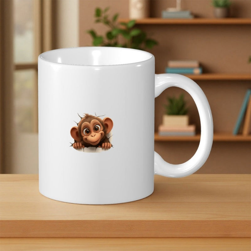 Tailorly White Ceramic 11 oz Mug - Cute Adorable Baby Primate Peeking Over Edge With Large Expressive Eyes Monkey