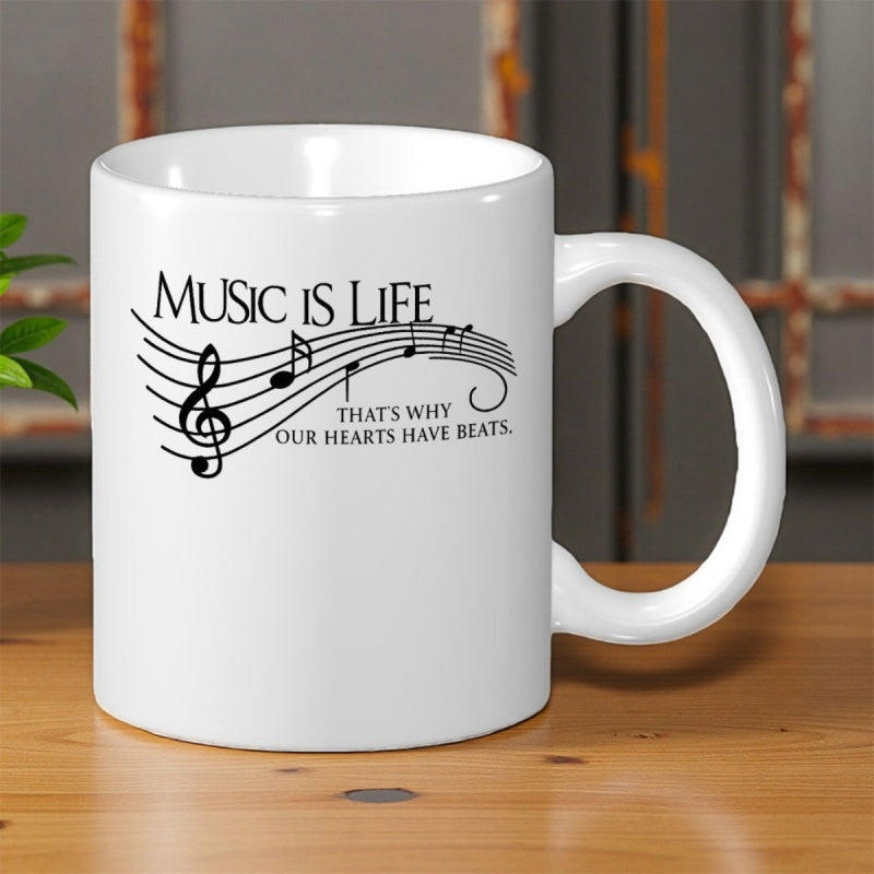 Tailorly White Ceramic 11 oz Mug - Music Is Life Thats Why Our Hearts Have Beats Artistic Wavy Musical Staff Lines Flowing Among Small Musical Notes Clef