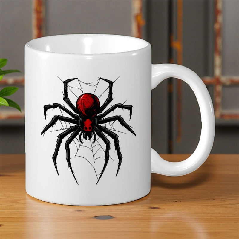 Tailorly White Ceramic 11 oz Mug - Dark Stylized Black Widow With Crimson Body Crawling Upon Intricate Silver Web Spider