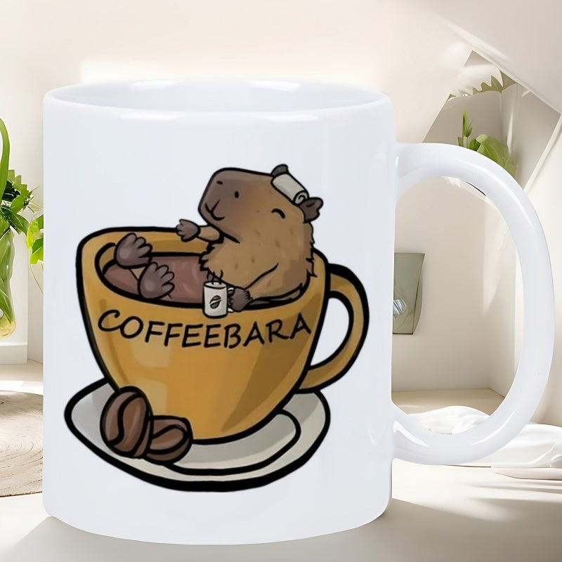 Tailorly White Ceramic 11 oz Mug - Coffeebara Cute Cartoon Character Relaxing Inside A Warm Brown Steaming Cup Capybara