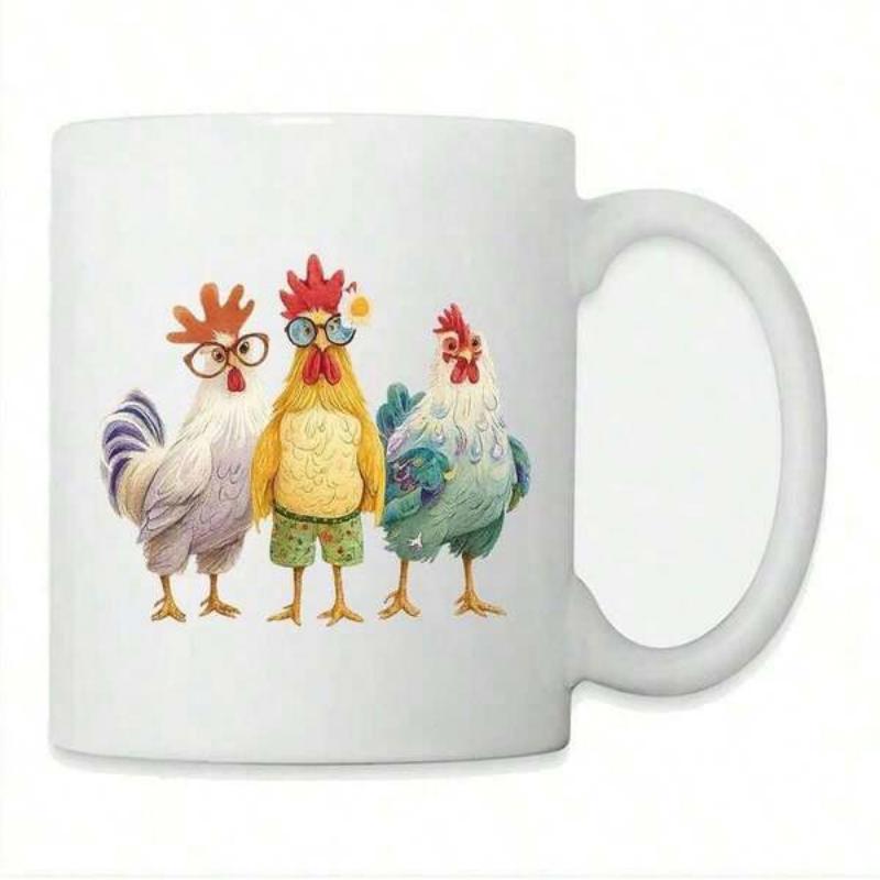 Tailorly White Ceramic 11 oz Mug - Colorful Cartoon Birds Wearing Stylish Glasses And Summer Outfits Standing Roosters