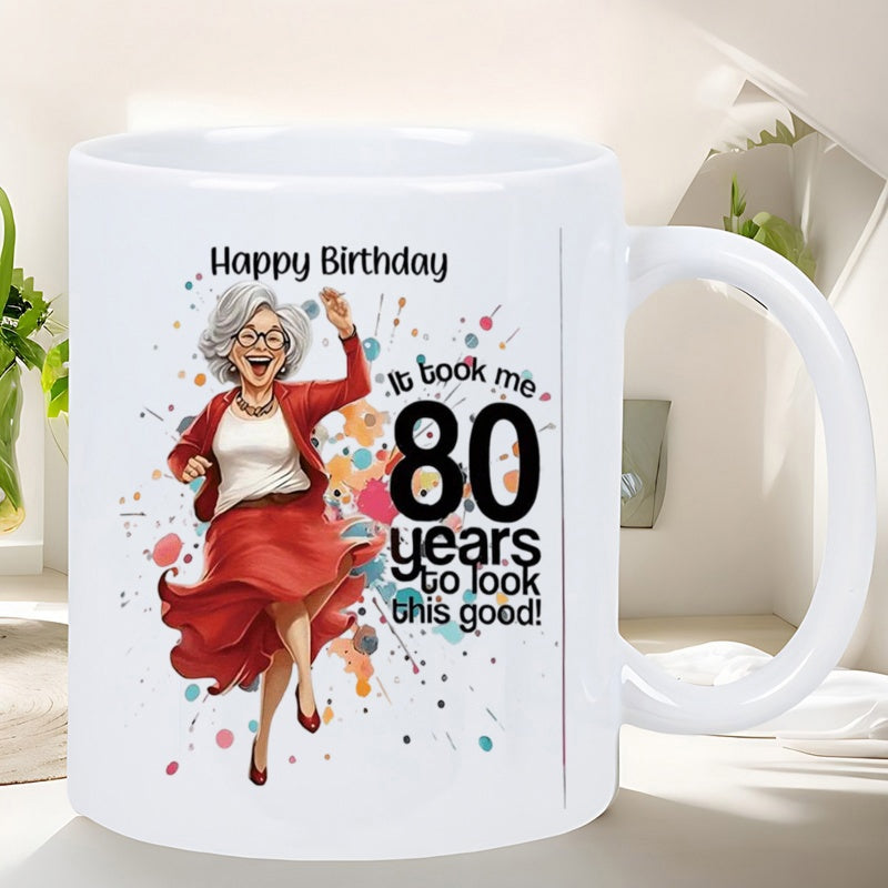 Tailorly White Ceramic 11 oz Mug - Happy Birthday It Took Me 80 Years To Look This Good Energetic Dancing Senior In Red Dress Among Vibrant Colorful Artistic Paint